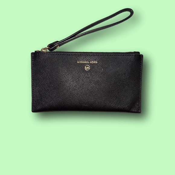 Michael Kors Handbags - Michael Kors, black leather wristlet with gold hardware